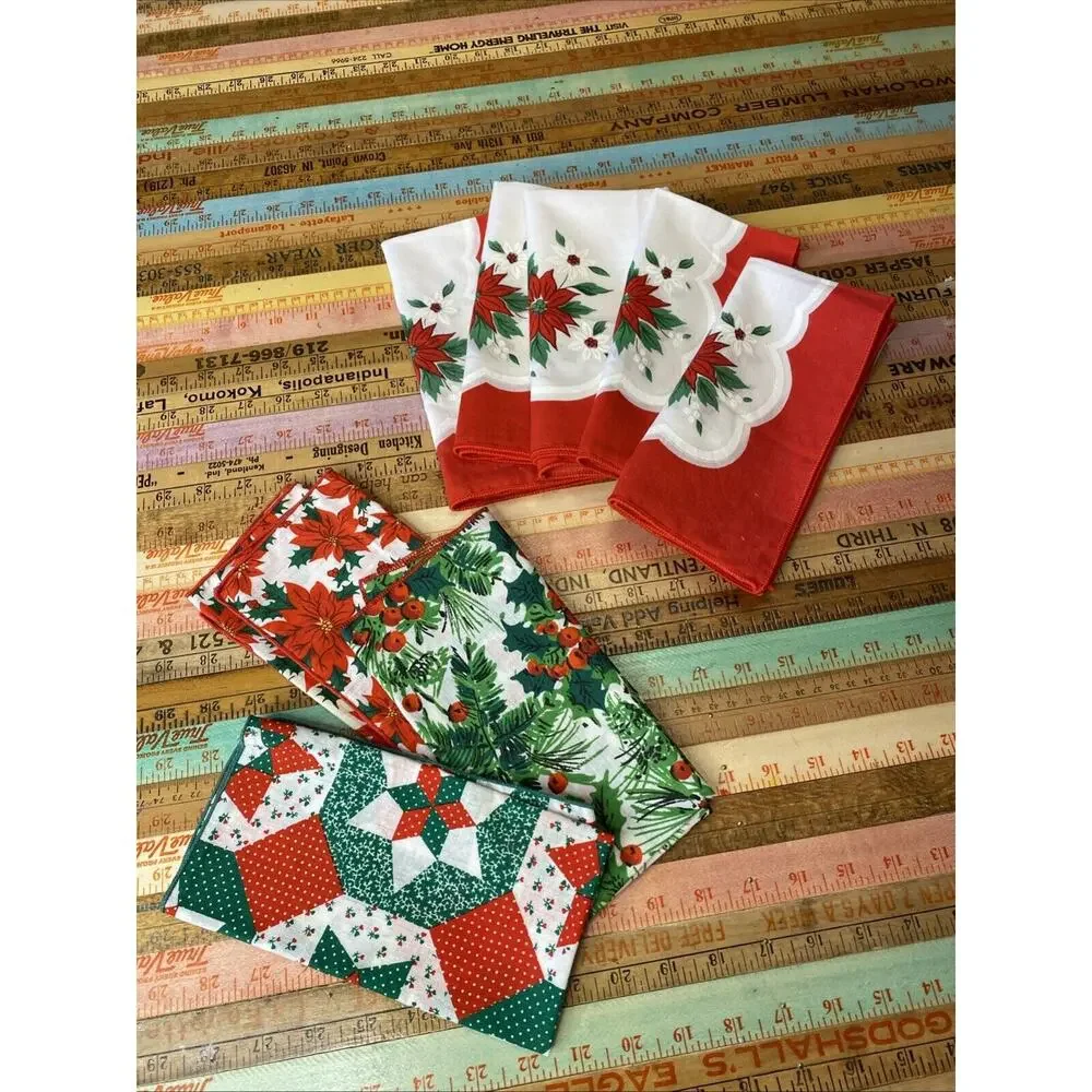 Vintage Christmas Napkins Cloth Set 8 Red Holly Poinsettia Patchwork Retro